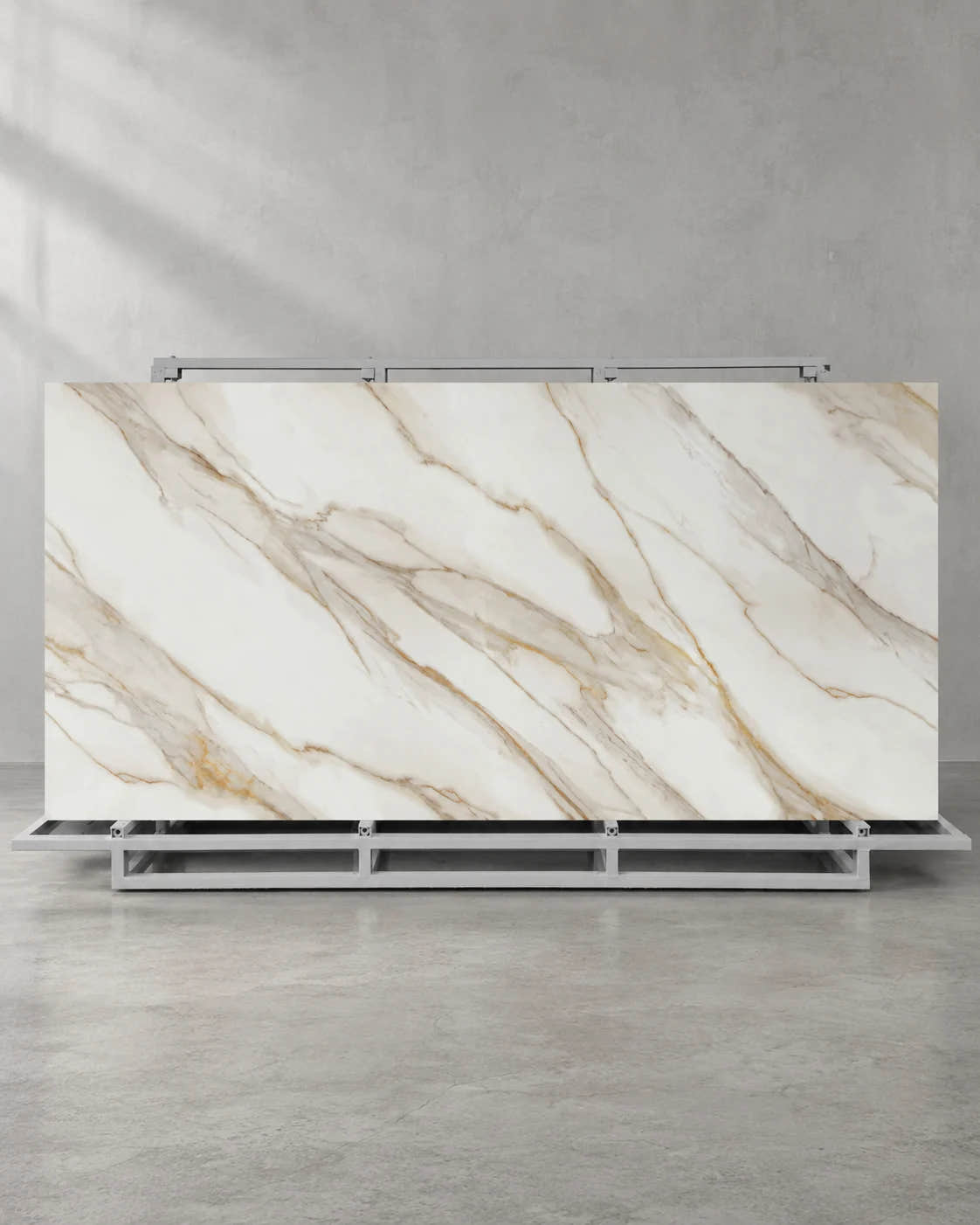 Alice Gold full-body white and gold veined slab on a complete steel A-frame