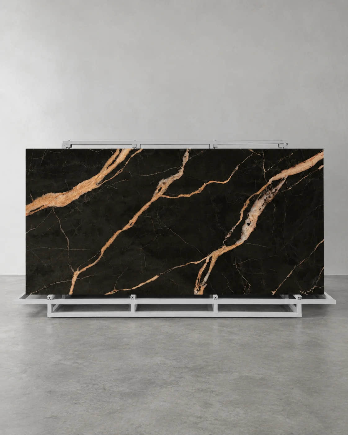 Full Black Gold Stone sintered stone slab with gold and cream veins on a complete A-frame