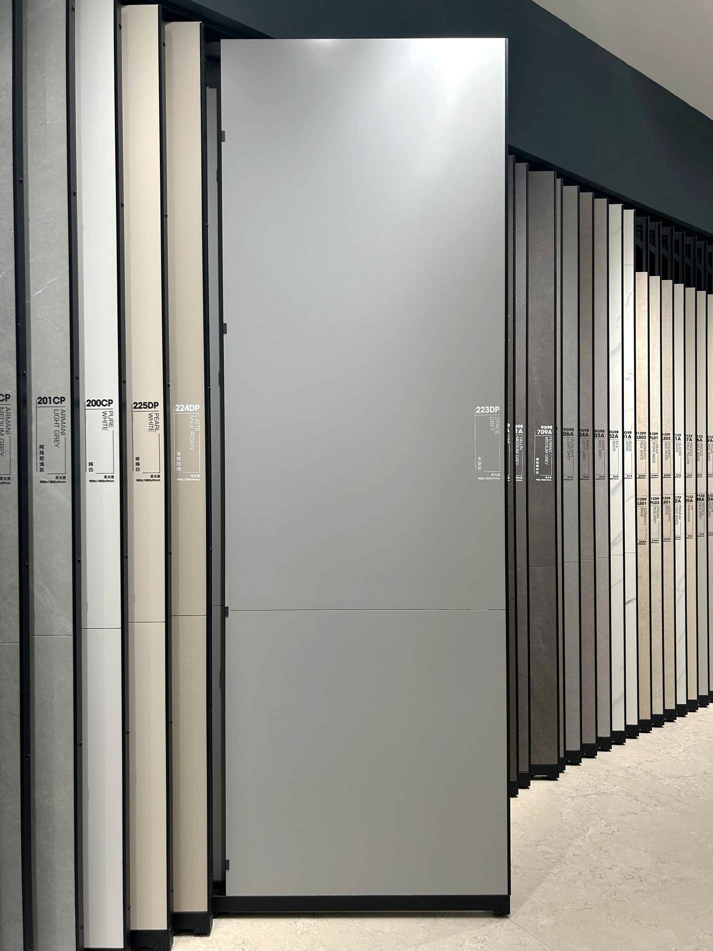 Cool Gray sintered stone showroom display board with soft gray slab label