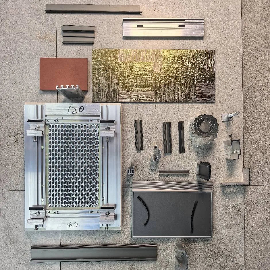 Mechanically fixed facade kit with backed panel, aluminum profiles, hangers and fasteners
