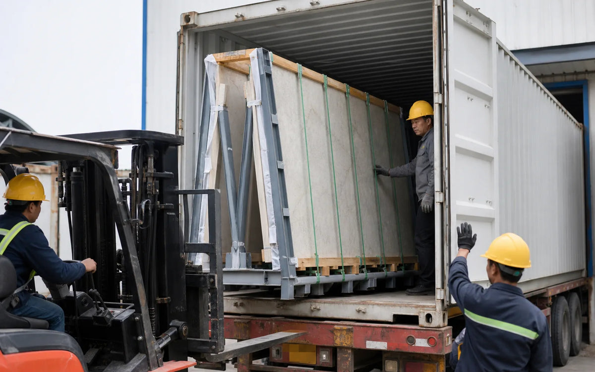 Chevalet en A protégé de dalles grand format en pierre frittée chargé pour l’export
