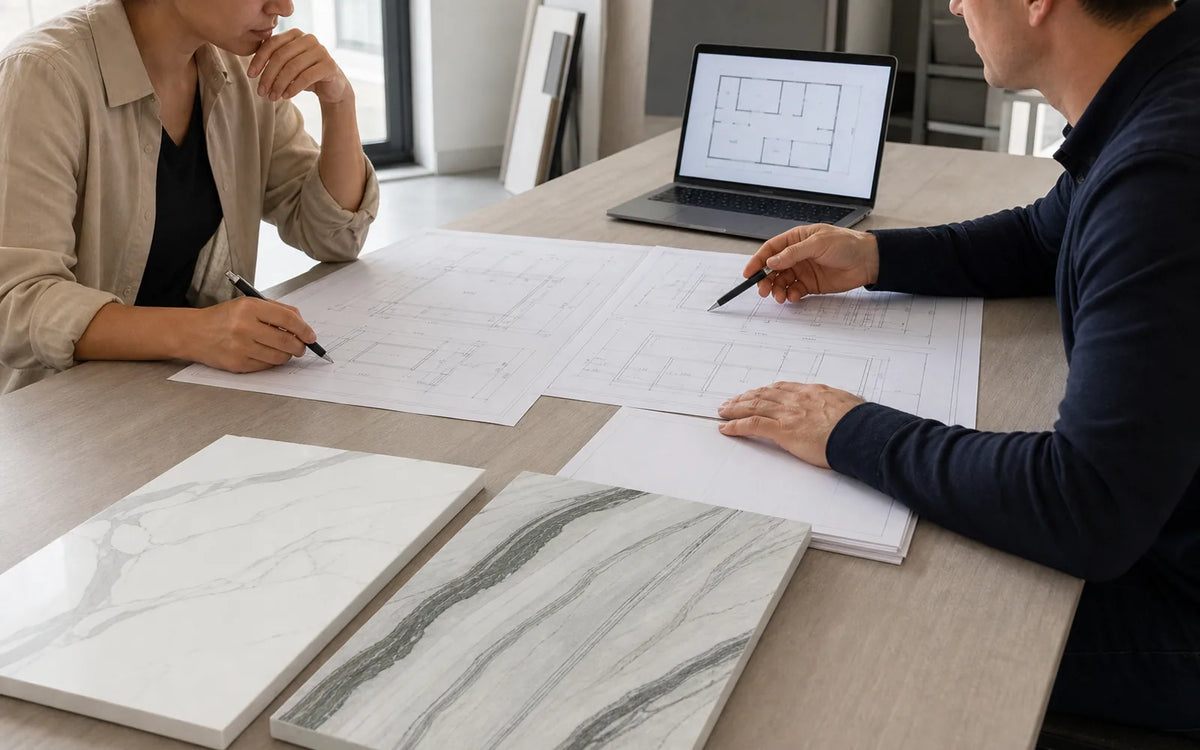 L’architecte et le fournisseur examinent les plans, dimensions et échantillons de dalles pleine masse