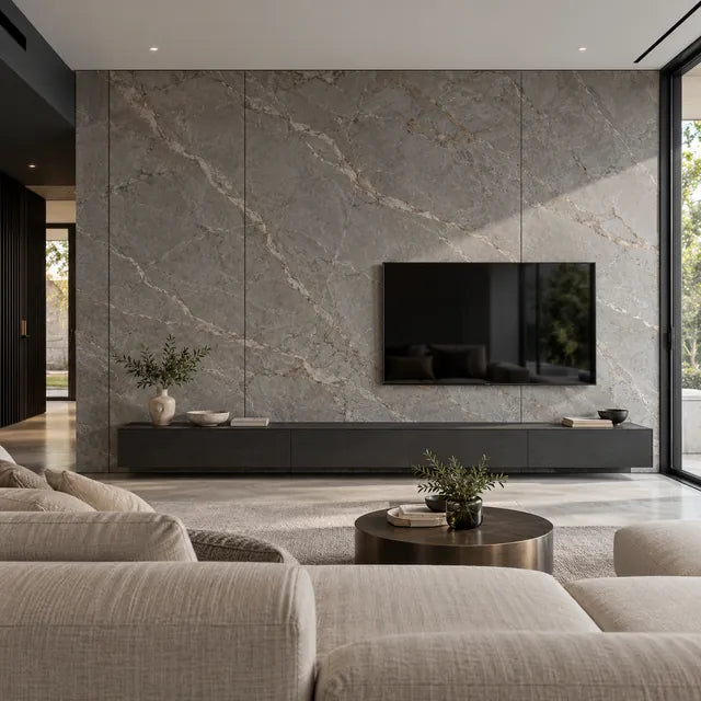 Pared decorativa para TV de piedra sinterizada con aspecto de mármol gris, con un mueble suspendido en un salón contemporáneo; ilustración de uso generada con IA