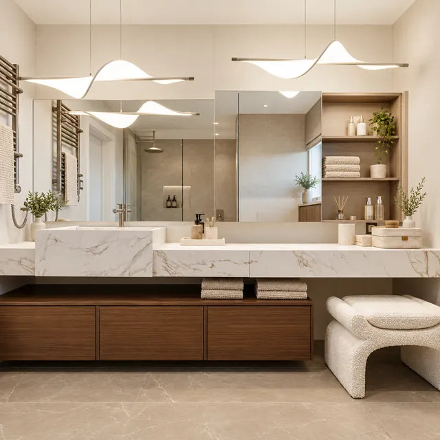 Mueble de baño de piedra sinterizada con aspecto de mármol blanco, con cajones de nogal y un espejo ancho; ilustración de uso generada con IA