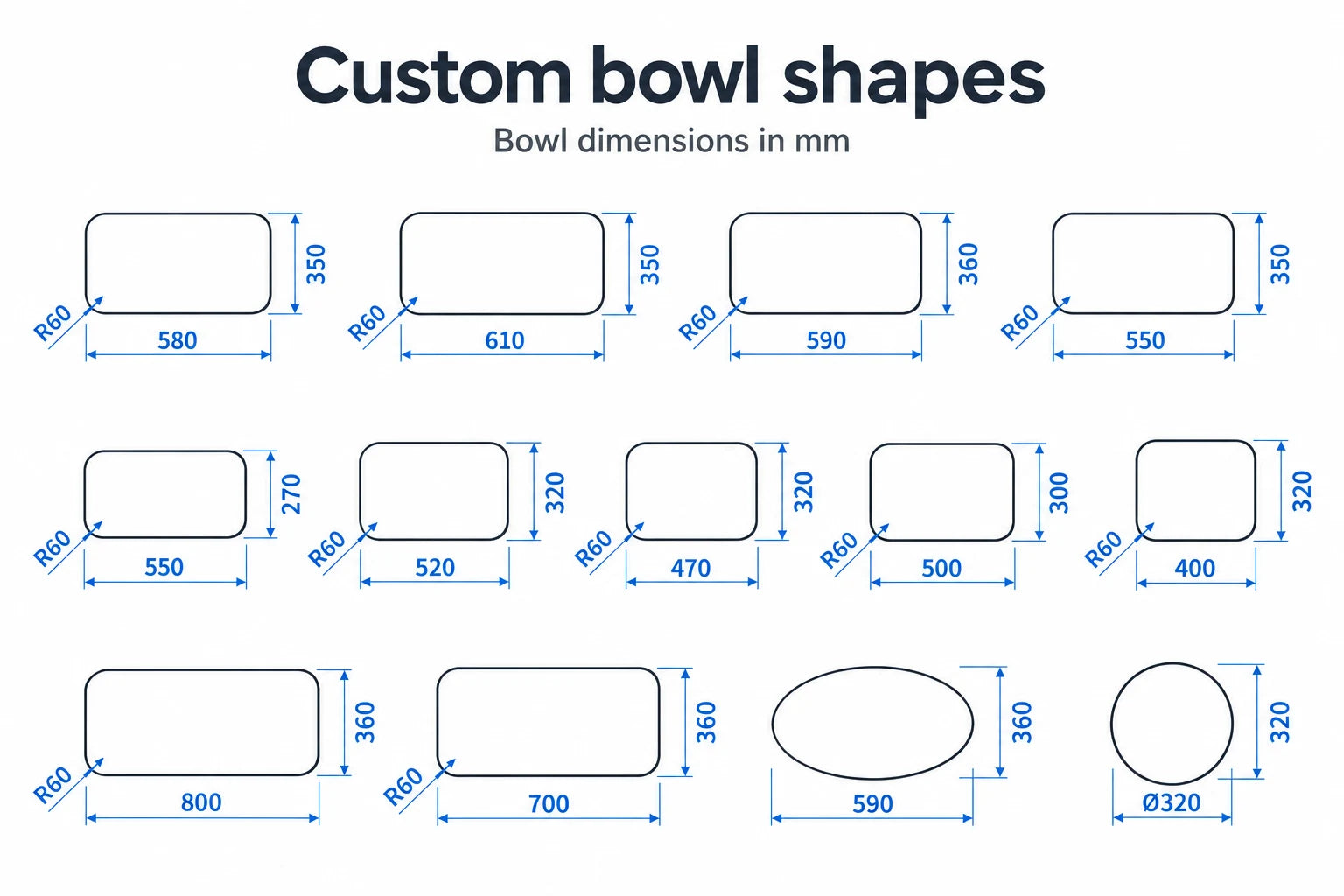13 custom bowl shapes: 11 rounded rectangles with R60 corners, one oval and one round bowl. Exact dimensions are listed below.