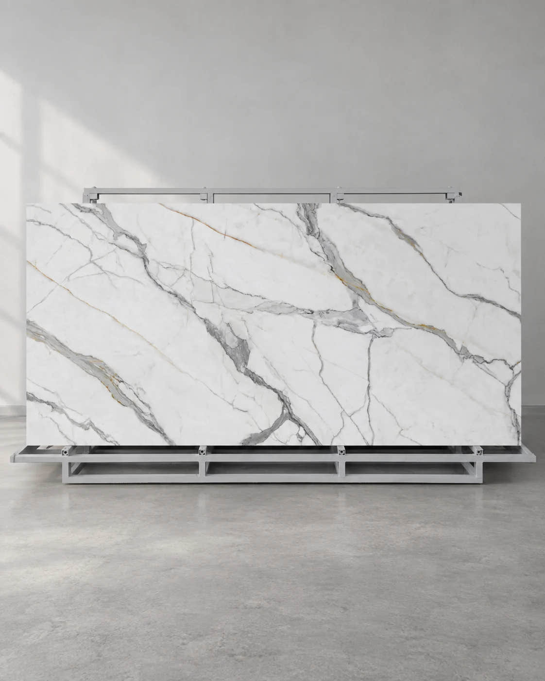Italy Fish Maw White full slab with grey and fine gold veins on a complete steel A-frame
