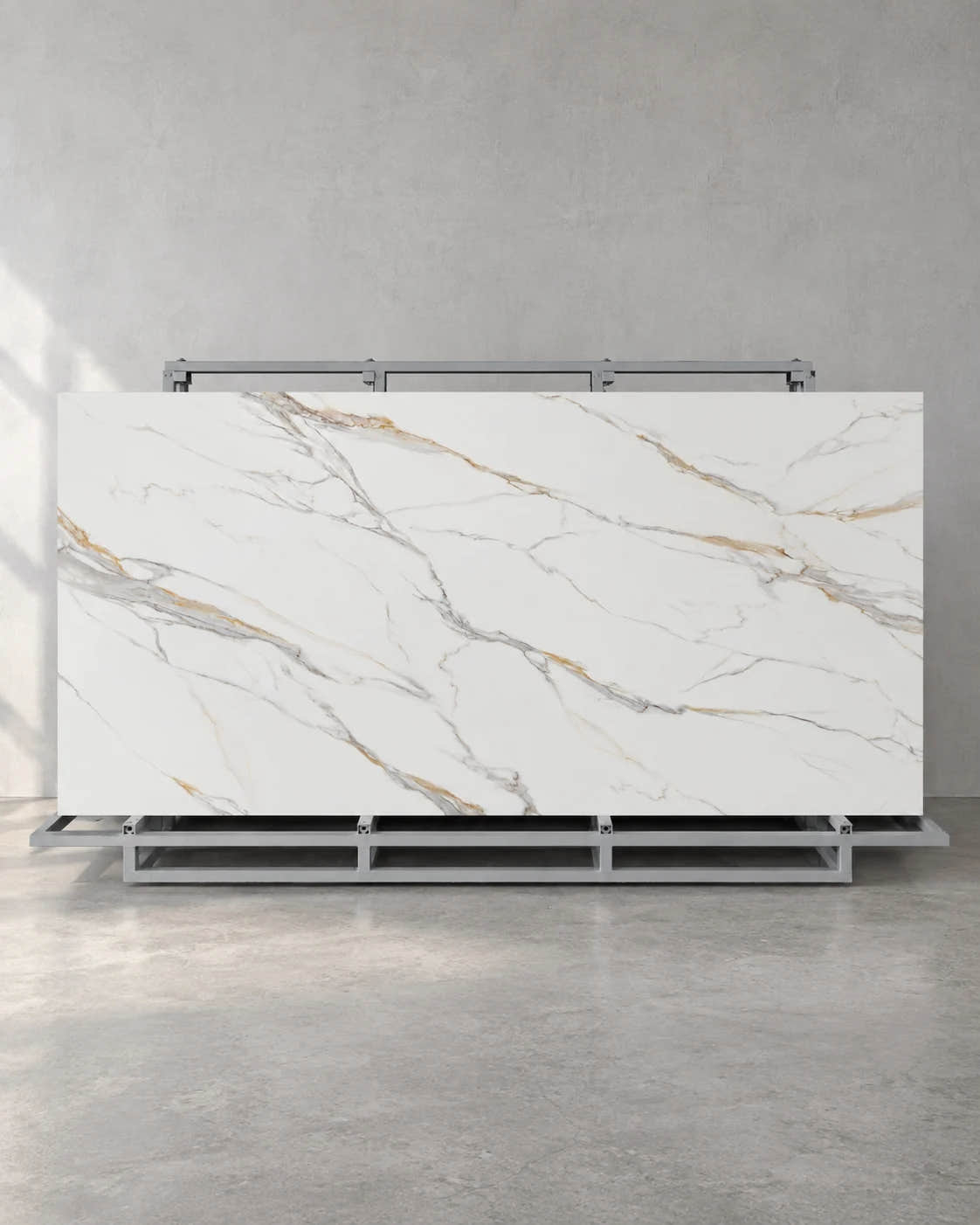 Louiskin white grey and gold veined full slab on a complete steel A-frame
