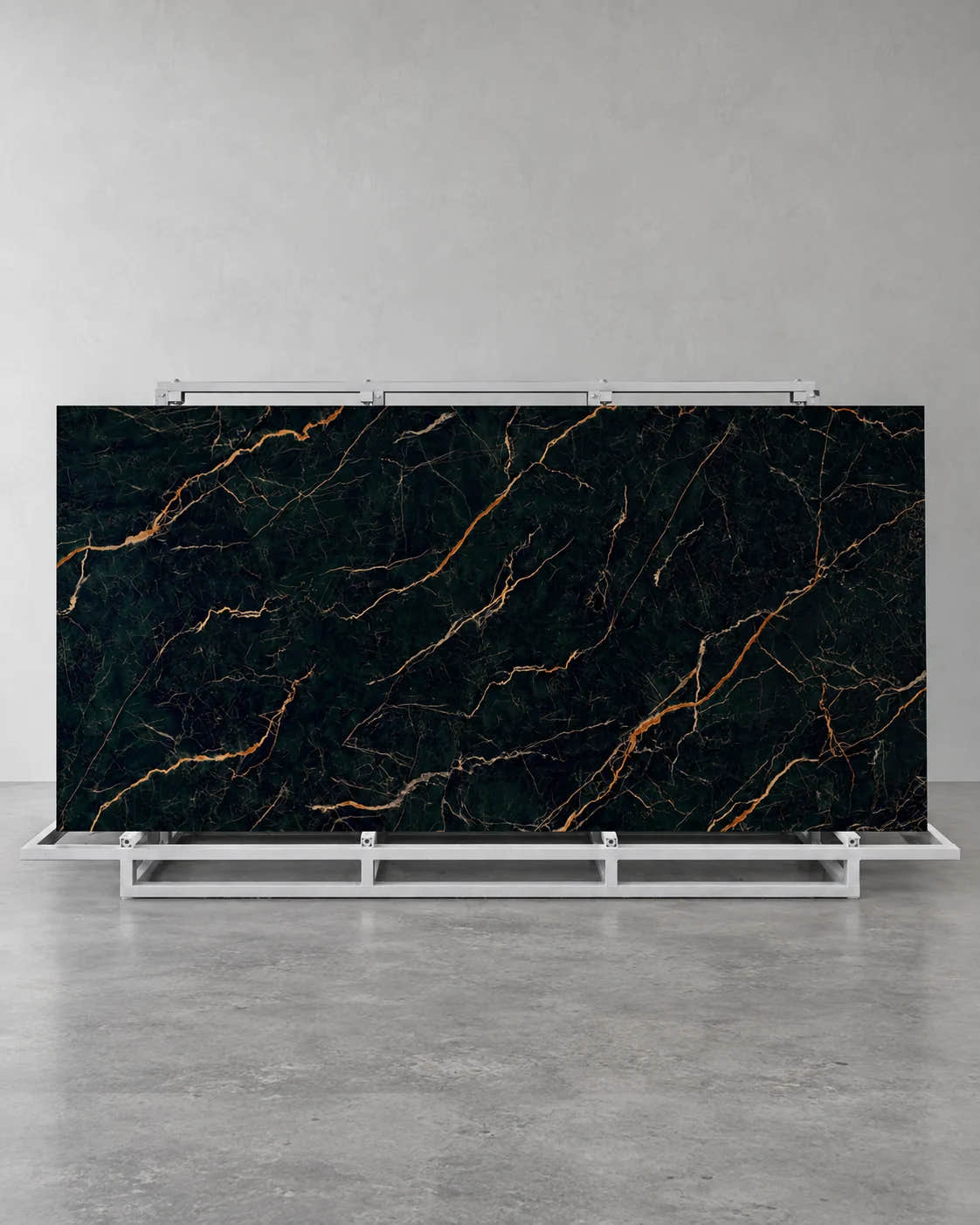 Complete Nero Portoro black and gold sintered stone slab on a full A-frame