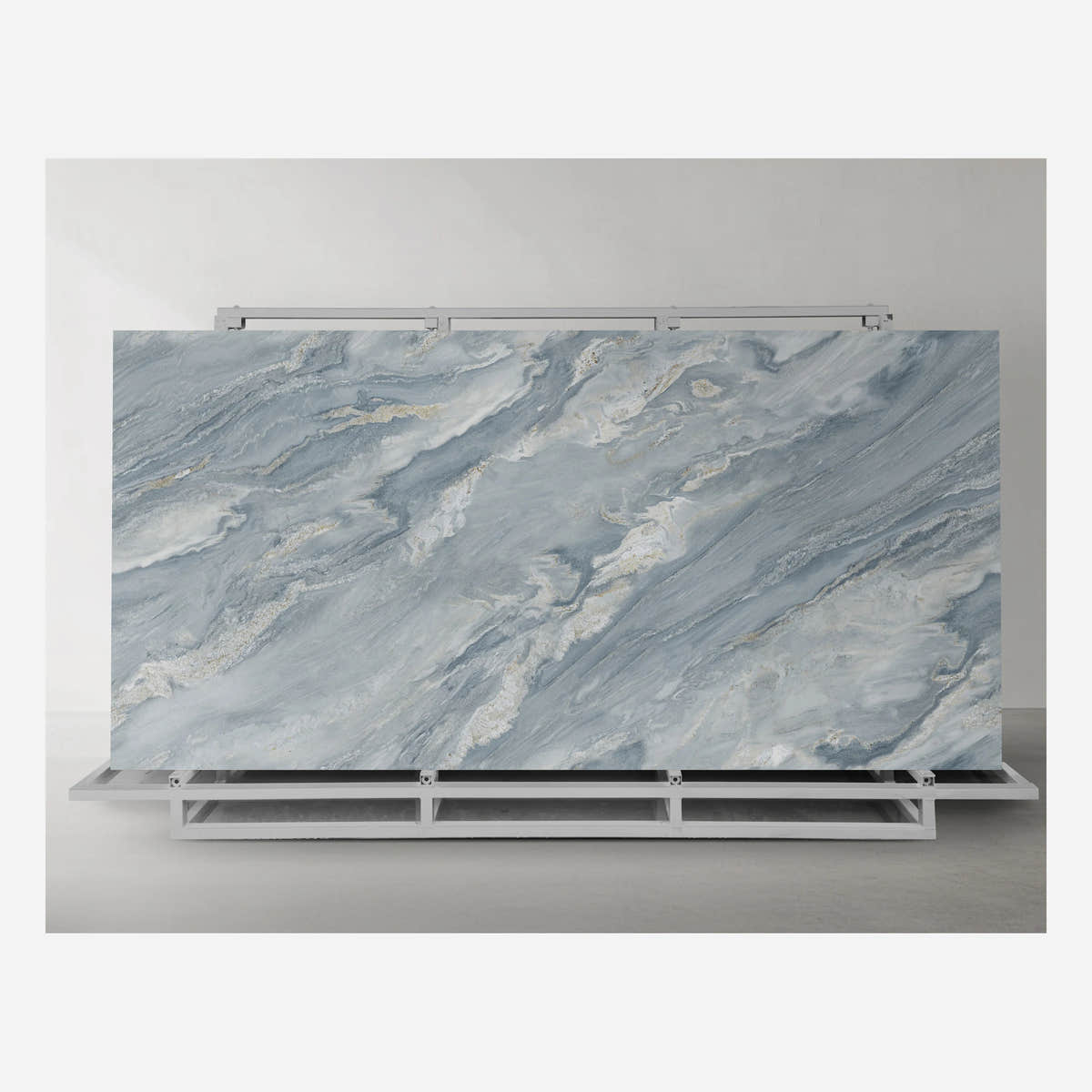 Palissandro Blue full-body sintered stone slab displayed on its complete metal A-frame rack