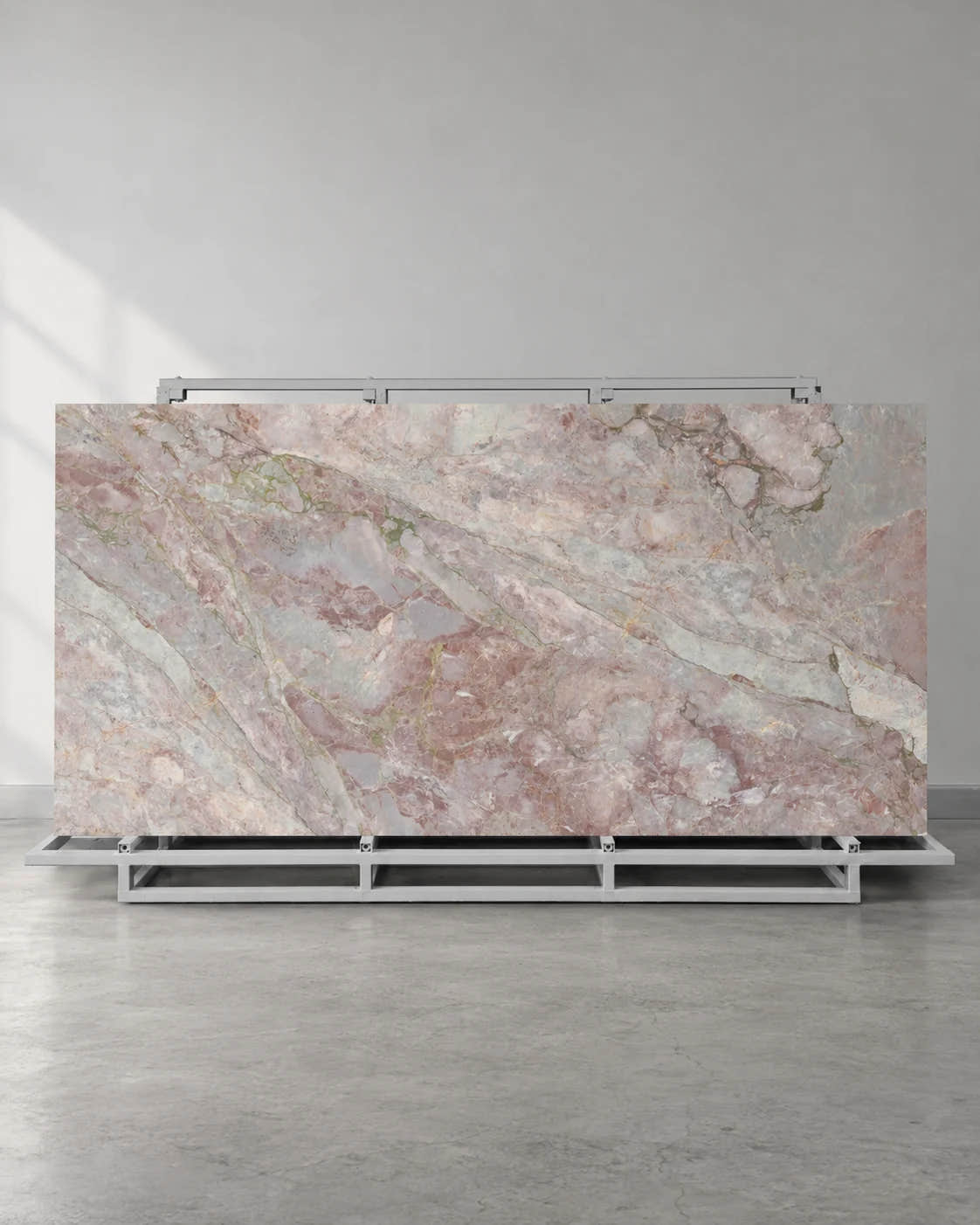Sakura Pink sintered stone slab with soft rose and grey pattern on a complete A-frame