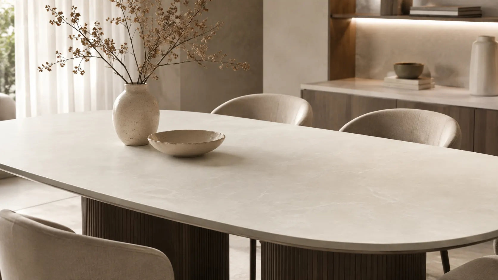 Warm greige concrete-look sintered stone tabletop in a modern dining interior