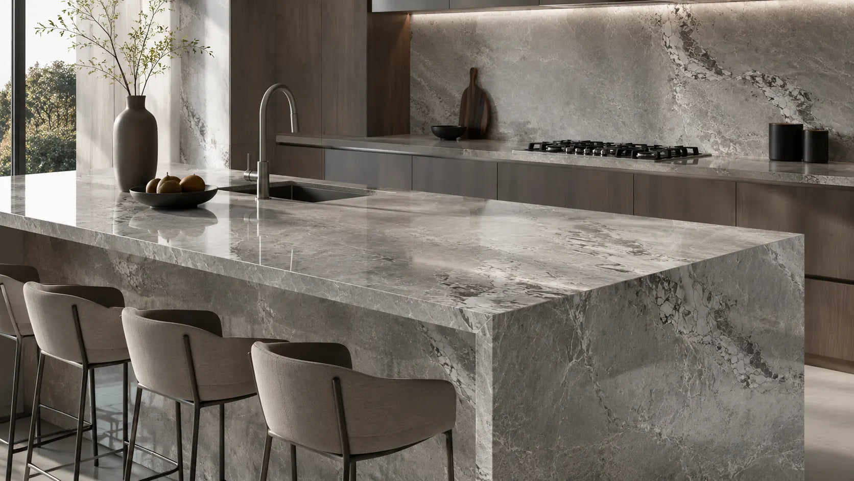 Warm beige concrete-look sintered stone kitchen countertop and dining island