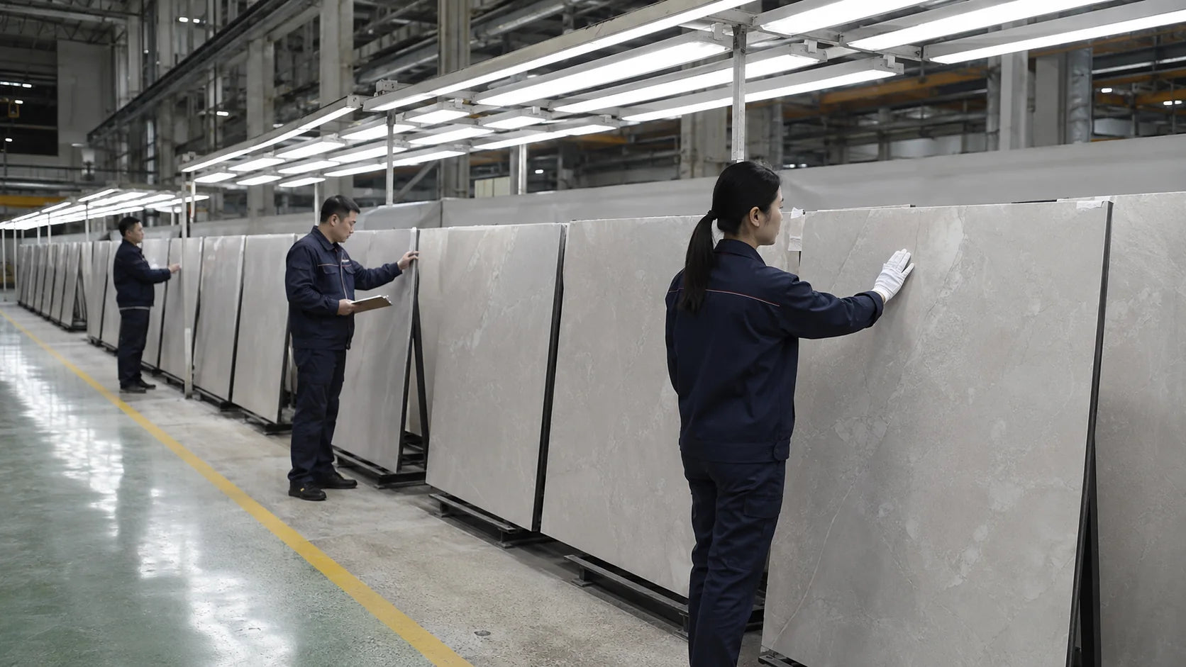 Funtek team inspecting sintered stone slabs for batch and appearance consistency