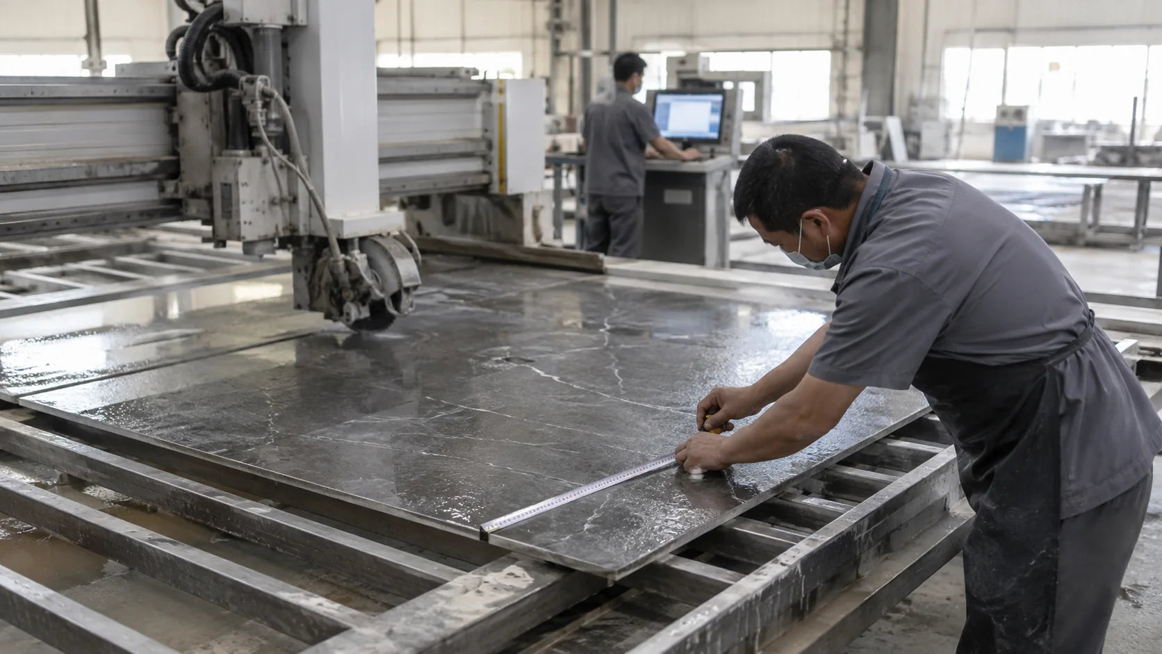 Funtek technician checking a sintered stone panel during cut-to-size production