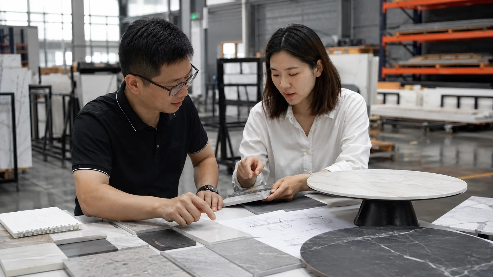 Furniture designer and Funtek specialist reviewing sintered stone samples and a table drawing
