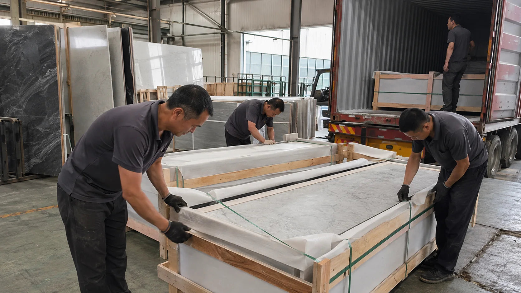 Funtek team protecting and securing sintered stone components for export transport