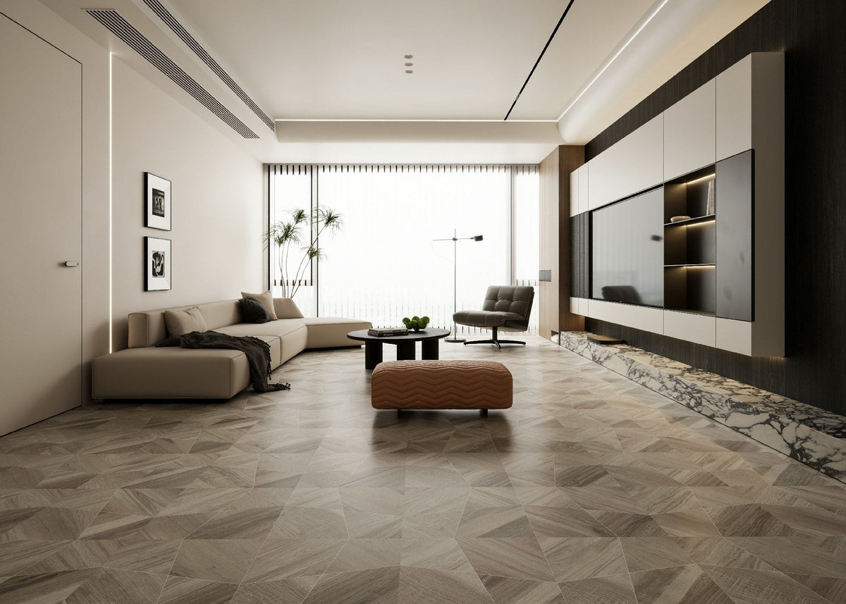 أرضية هندسية من حجر Light Shipwood المُلبَّد بمظهر الخشب في غرفة معيشة عصرية