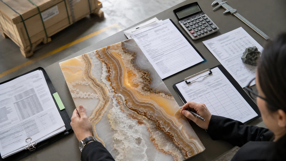 U.S. importer reviewing quartz slab composition, entry documents and a tariff-rate quota schedule