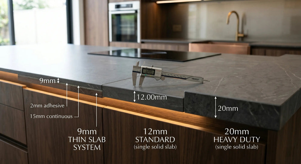 Sintered stone countertop thickness comparison showing 9mm, 12mm, and 20mm slab systems