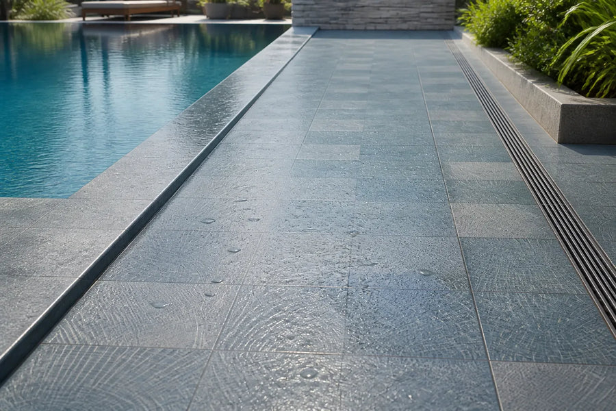 Wet textured pool surround with drainage channel and coping