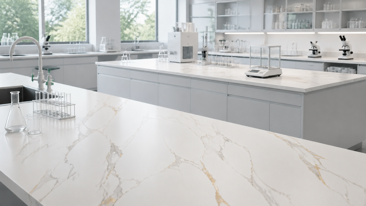 Modern laboratory with warm white sintered stone worktops and analytical equipment
