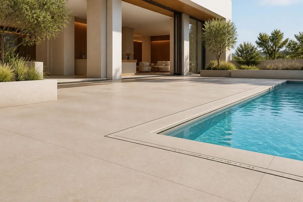 Light beige large-format pool surround and coping beside a modern resort swimming pool