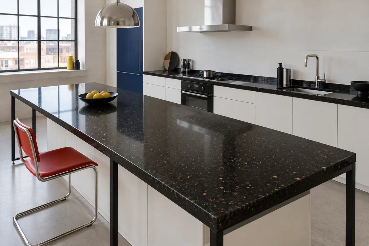 Bauhaus kitchen with Black Galaxy granite countertops, white cabinets and a red tubular chair, without plants