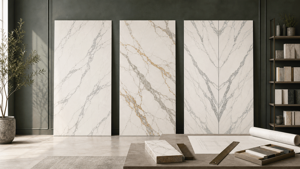 Illustration of Calacatta sintered stone slabs compared by grey veining, gold veining and bookmatched layout