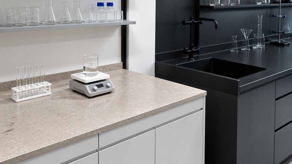 Technical ceramic and black epoxy laboratory worktop zones compared