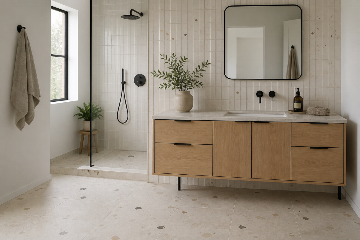 Modern bathroom with small-format warm ivory ceramic wall tile and larger matte porcelain floor tile