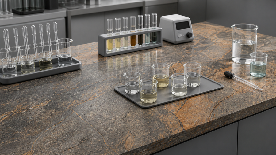Controlled chemical resistance testing on a dark sintered stone laboratory worktop