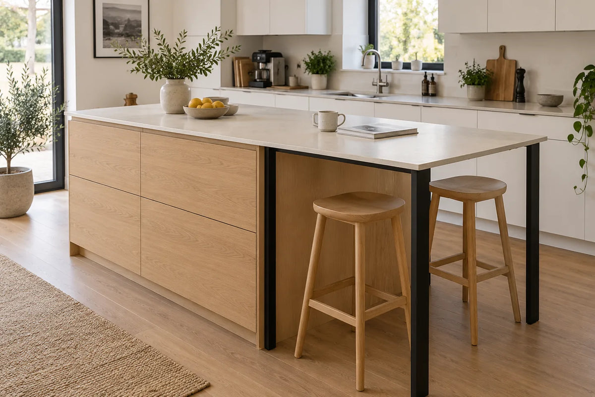 Scandinavian kitchen island with a thin stone seating edge carried by a black steel frame and corner legs