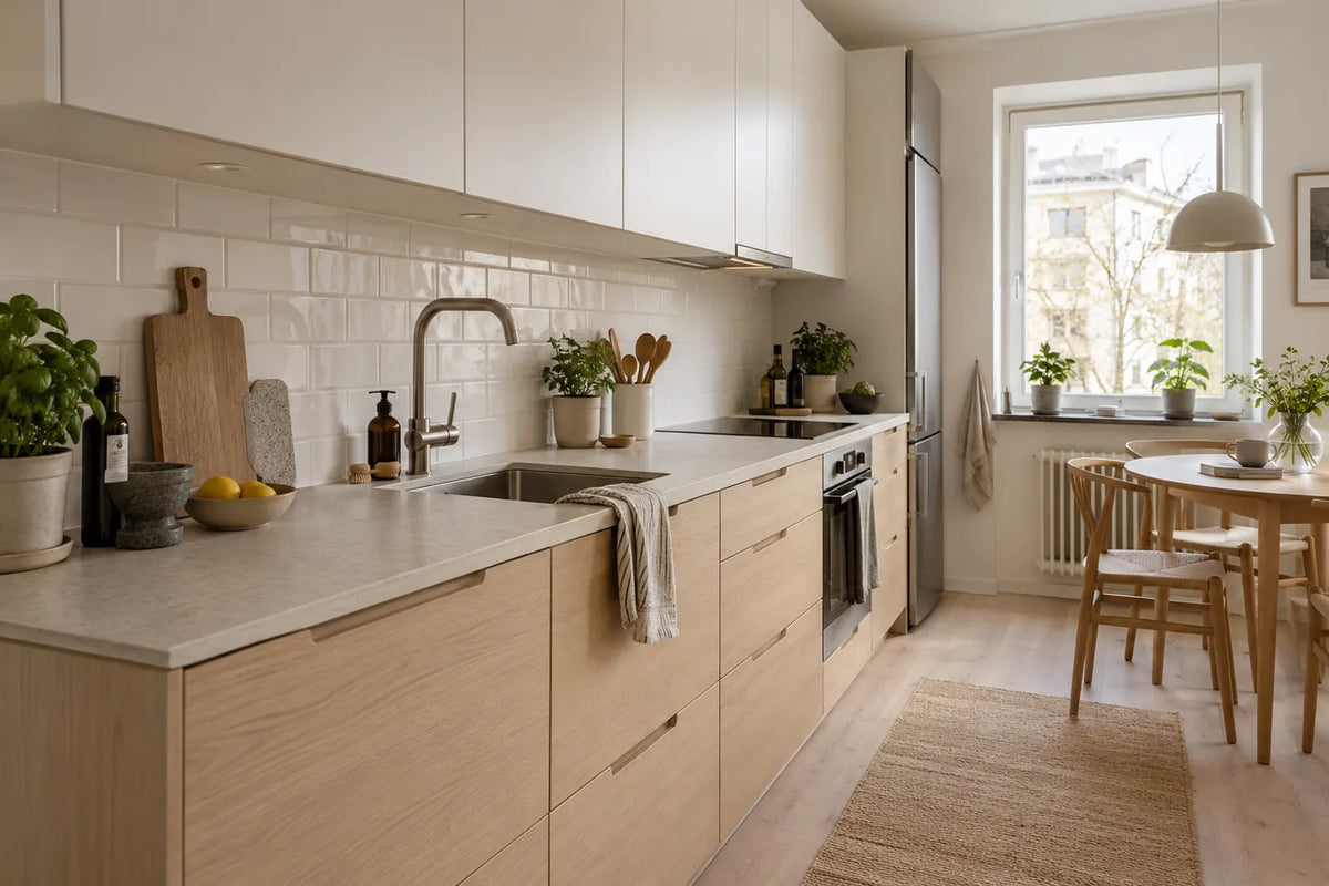 Everyday Scandinavian kitchen with pale oak cabinets and a thin stone countertop extending beyond the drawer fronts