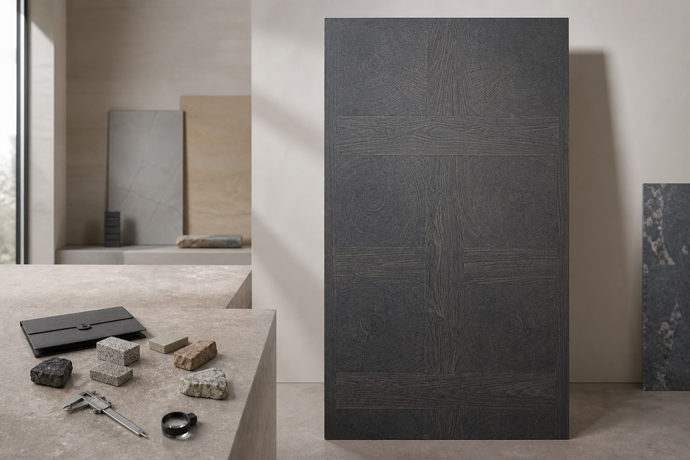 Full-height graphite sintered stone slab beside mineral samples, composition documents and inspection tools