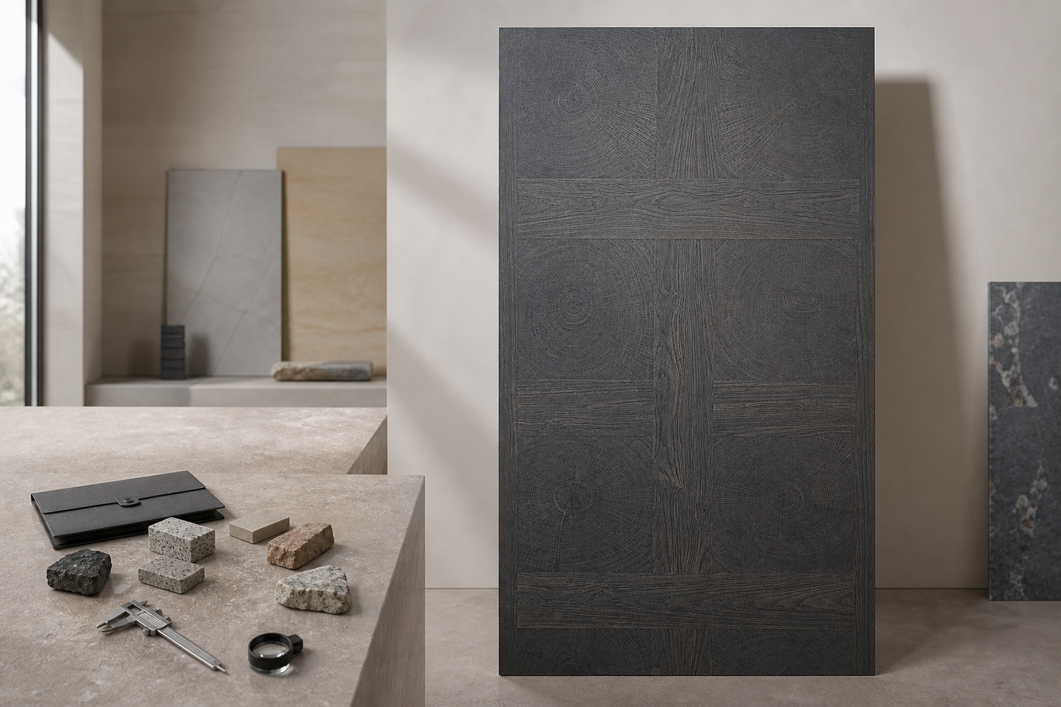 Full-height graphite sintered stone slab beside mineral samples, composition documents and inspection tools