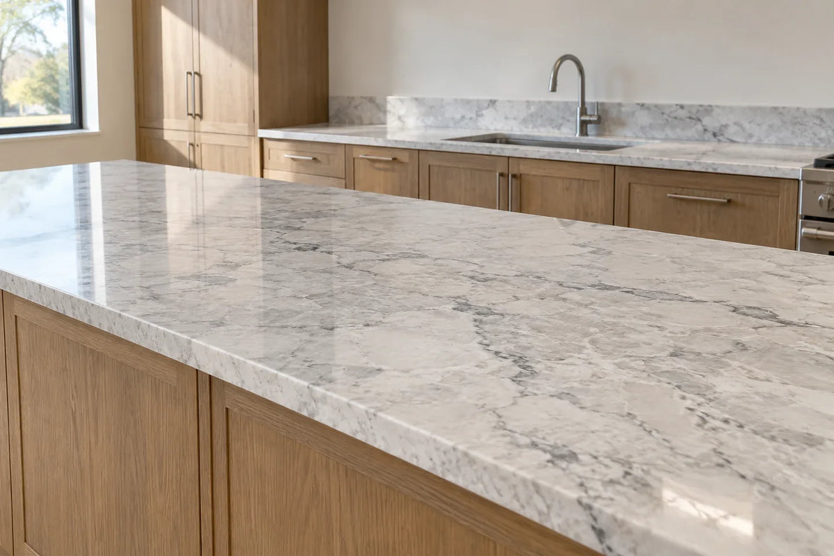 White and grey veined natural stone kitchen island with oak cabinets
