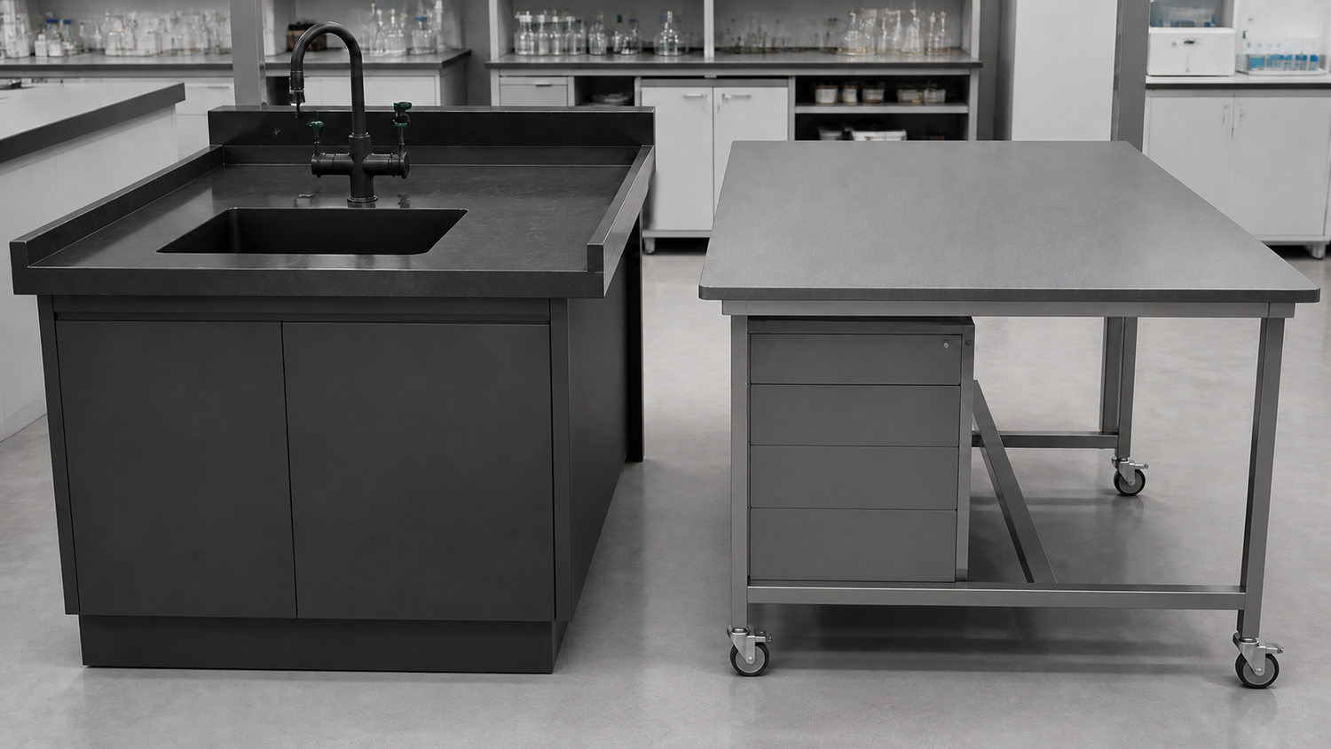 Black epoxy sink bench and movable grey phenolic laboratory worktop compared