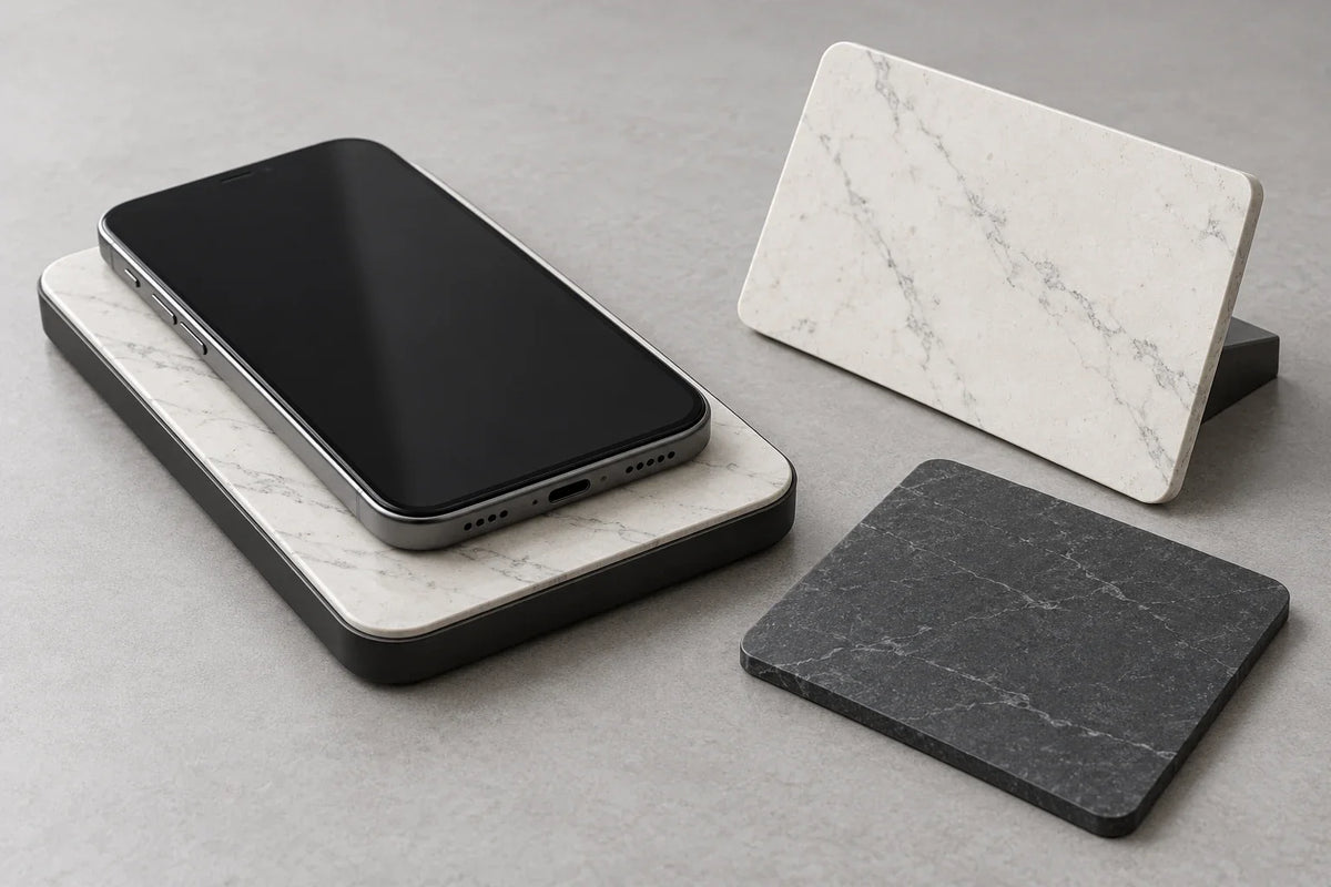 Design concept of a sintered stone facing panel fitted to a compact wireless charging pad