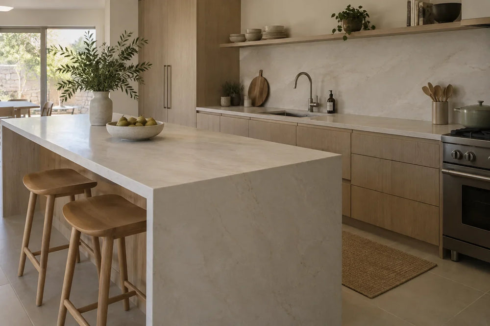 Pale slab countertops and waterfall island in an oak kitchen