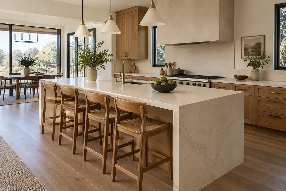 Warm ivory stone-look island supported by oak cabinetry