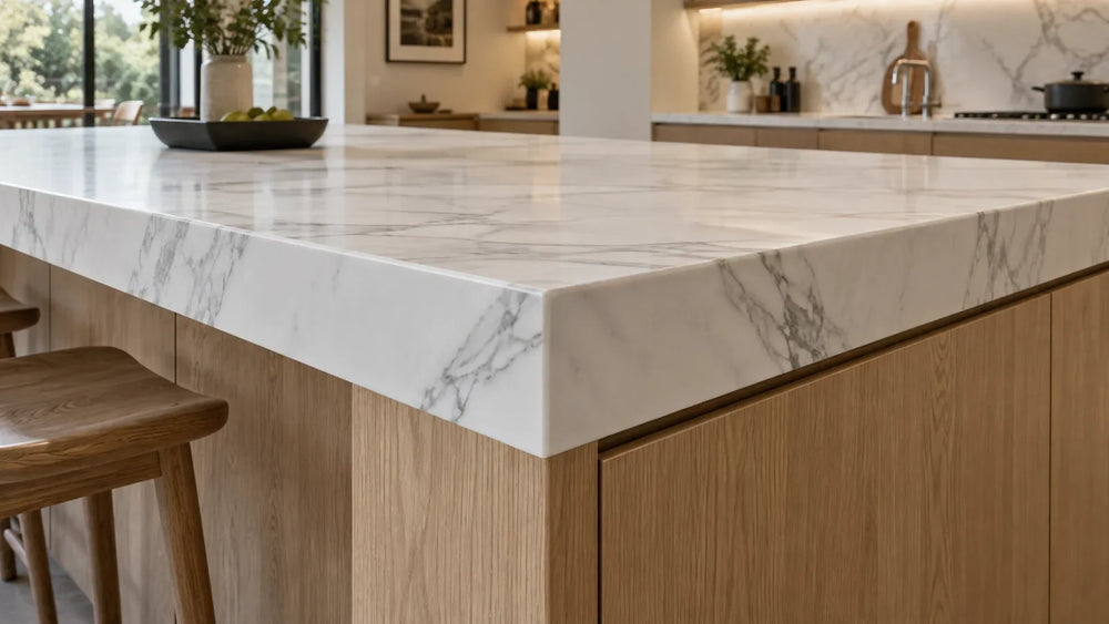 White marble-look sintered stone island with a mitered thick edge and oak cabinetry