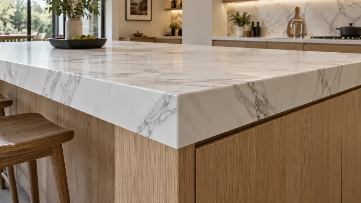 White marble-look sintered stone island with a mitered thick edge and oak cabinetry