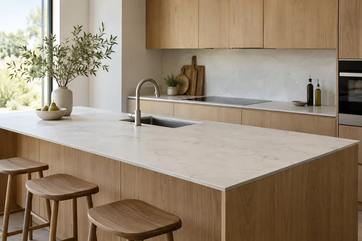 Thin pale sintered countertop over oak kitchen cabinets