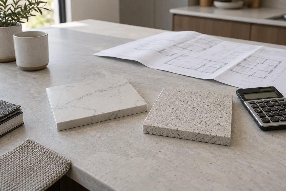 Two countertop samples beside a drawing and calculator