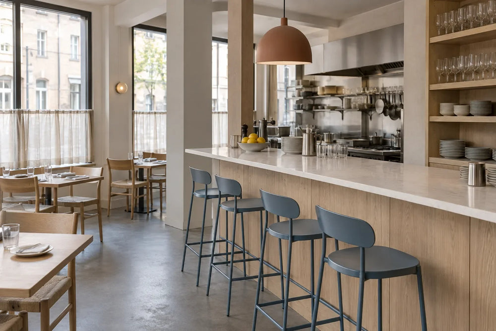 Plateau de bar de restaurant ivoire de faible épaisseur sur un agencement en chêne, avec tabourets bleus et suspensions à lumière chaude.