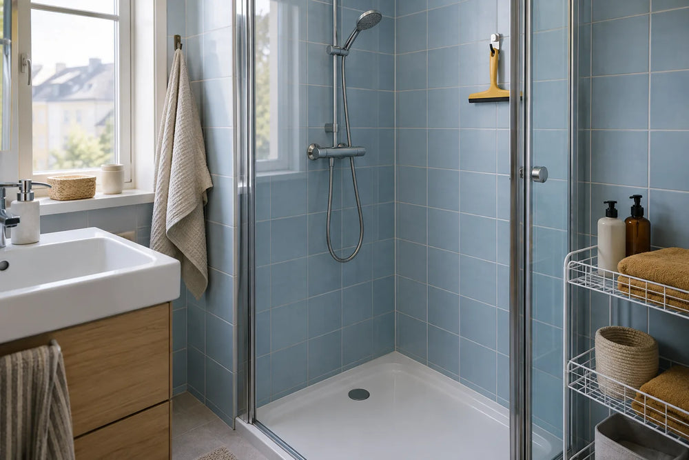 Blue tiled shower with a handheld shower head, squeegee and accessible bathroom storage.