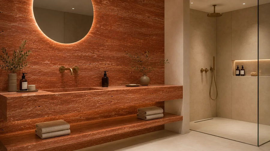 Red travertine-look bathroom vanity counter and wall with warm integrated lighting