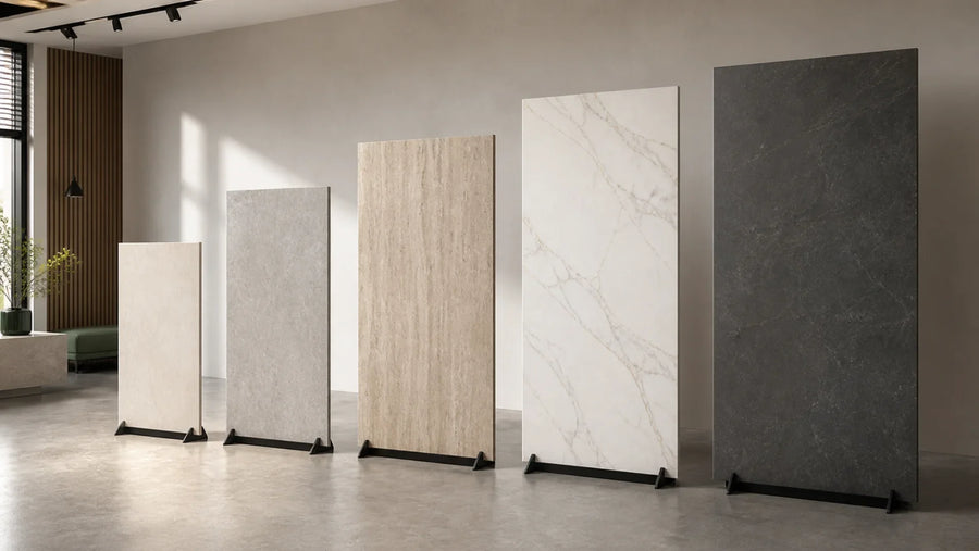 Five upright sintered stone slab panels in progressively larger formats displayed in an architectural materials showroom