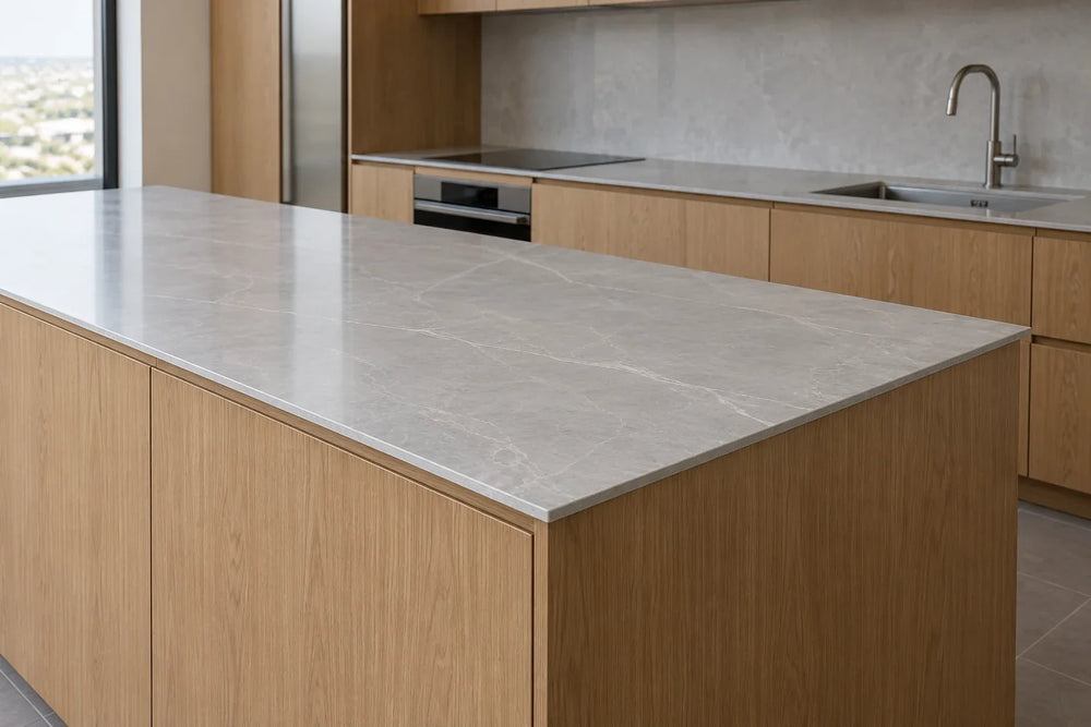 Slim sintered stone kitchen island countertop with oak cabinetry