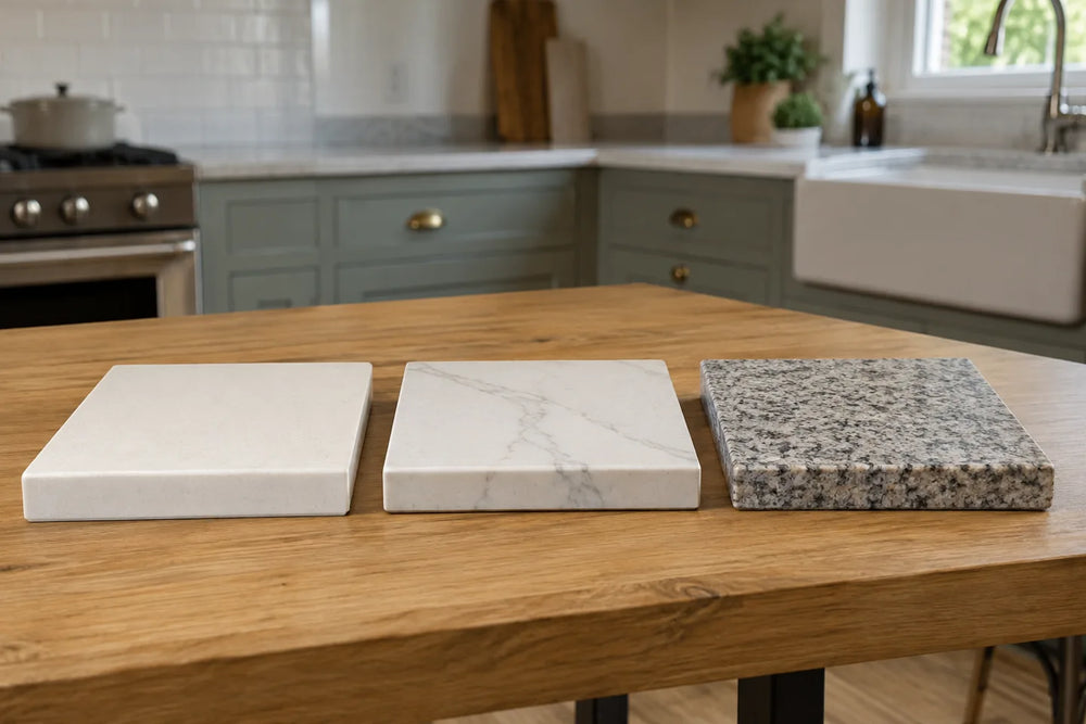 Granite, pale mineral and veined ceramic countertop surfaces in a showroom